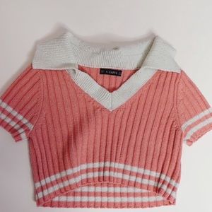 Fashion Nova Cropped Preppy Pink White Top with Collar XS-M Sweater Material
